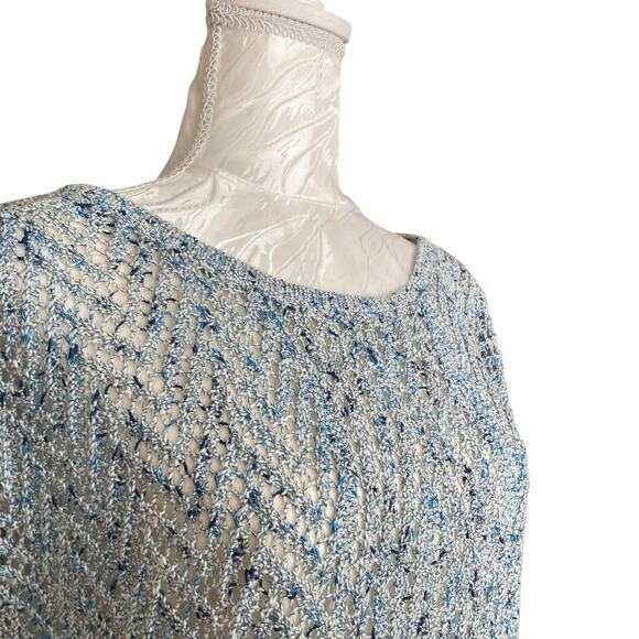 Lucky Brand Blue White Open Knit Scoop Neck Boho Knit Sweater Shirt Size Medium - Picture 11 of 16